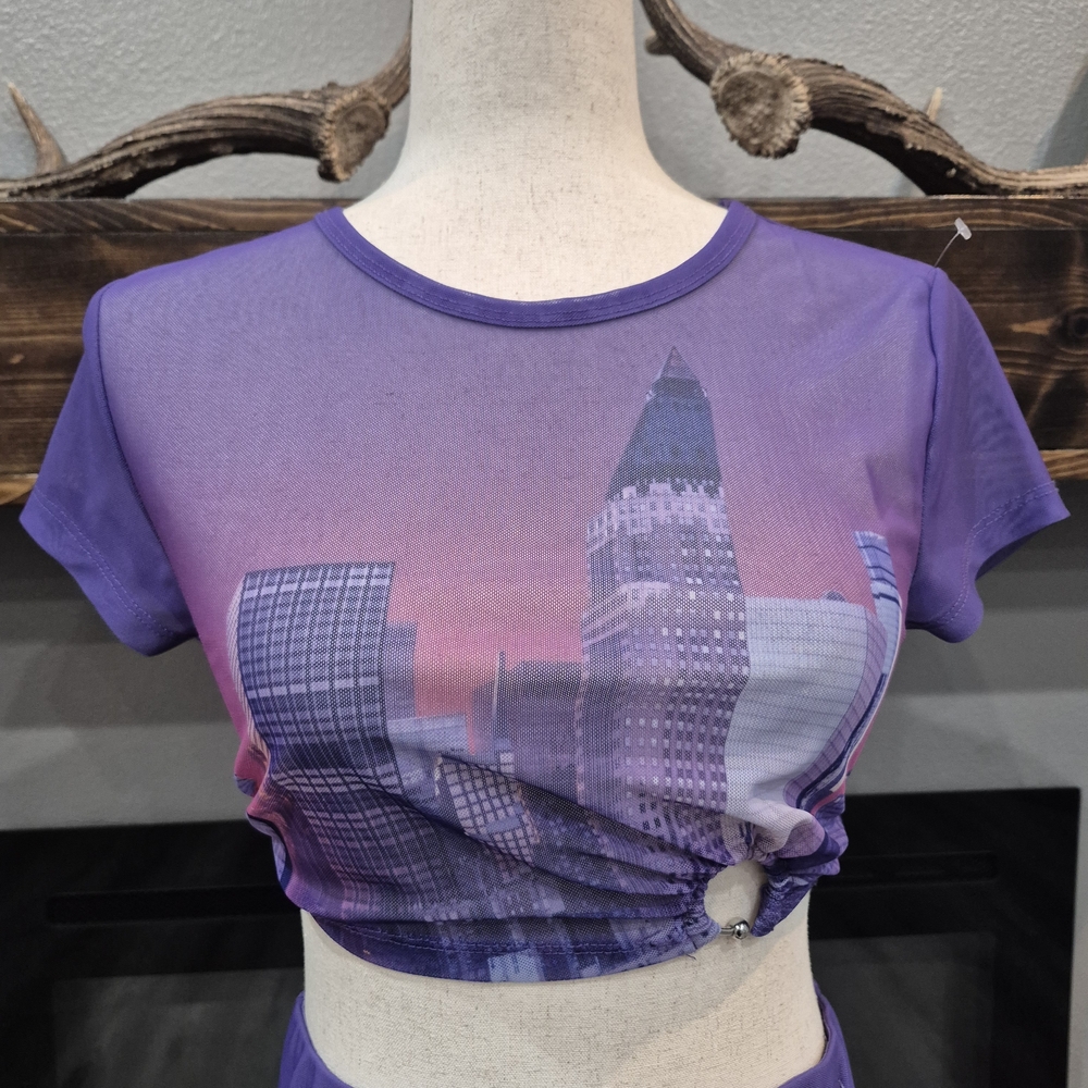Lovewave Swim Cover Set  Purple Cityscape Mesh Two-Piece Set Size Small - Picture 5 of 10